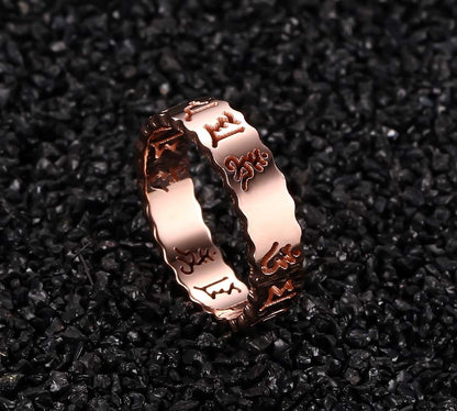 Rockyu ステンレス メンズリング 般若心経刻印 仏教モチーフ お守りデザイン シルバー ゴールド ローズゴールド