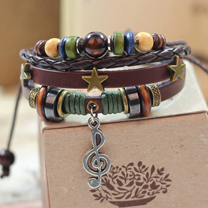 Rockyu ブレスレット メンズ レディース レザー 多連 星モチーフ 音符ペンダント 本革 編み込み ブラウン 数珠風 おしゃれ アクセサリー ギフト