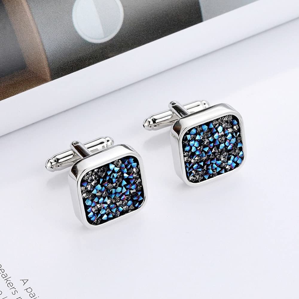Rockyu カフスボタン メンズ 四角 シルバー ブルー クリスタル カフリンクス