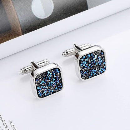 Rockyu カフスボタン メンズ 四角 シルバー ブルー クリスタル カフリンクス