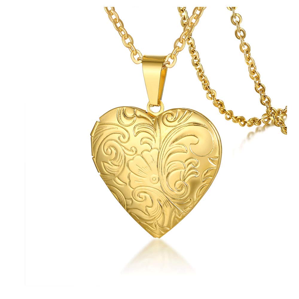 Rockyu ハートロケットネックレス レディース 写真収納 彫刻風デザイン ステンレス製 ゴールド 50cmチェーン