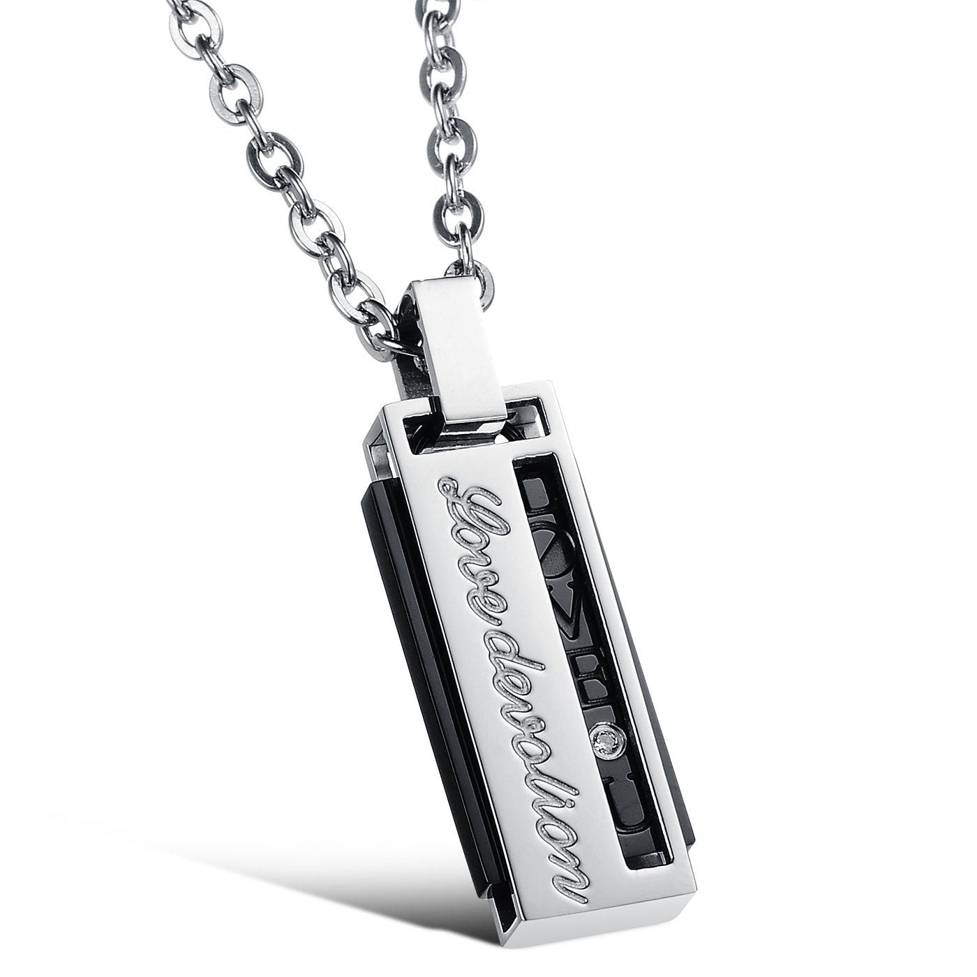 Rockyu ペアネックレス LOVE-U刻印 長方形プレート ジルコニア付き ステンレス製