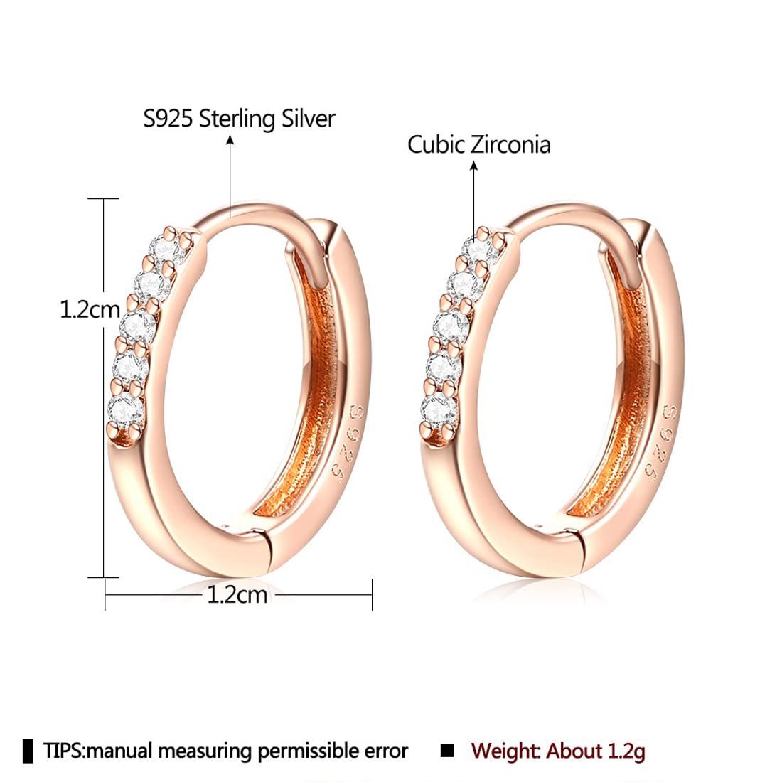 Rockyu シルバー925製 ピンクゴールドフープピアス レディース 五粒ジルコニア付き