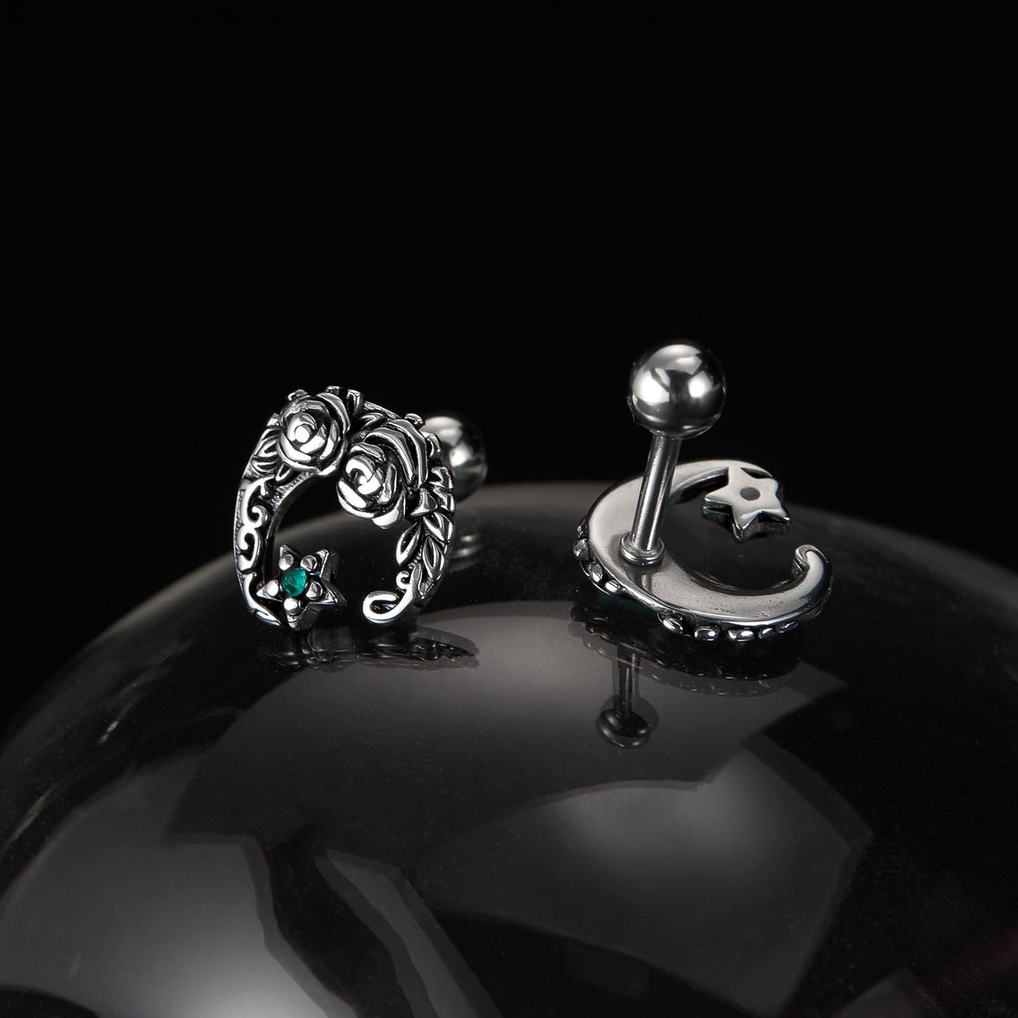 Rockyu ピアス メンズ ステンレス 片耳 三日月モチーフ 花彫刻 キュービックジルコニア アレルギー対応