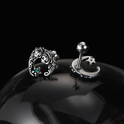 Rockyu ピアス メンズ ステンレス 片耳 三日月モチーフ 花彫刻 キュービックジルコニア アレルギー対応