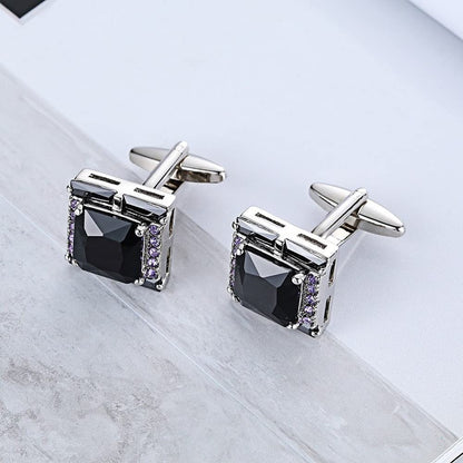 Rockyu メンズカフス ブラックオニキス風ストーンと紫ジルコニアの正方形カフリンクス