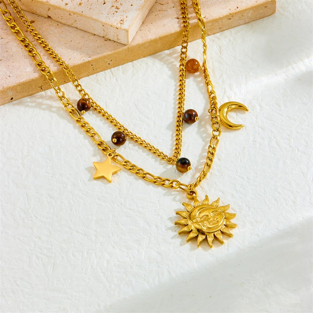 Rockyu 太陽と月の2連ネックレス ゴールド ステンレス 星チャーム付き
