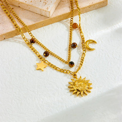 Rockyu 太陽と月の2連ネックレス ゴールド ステンレス 星チャーム付き