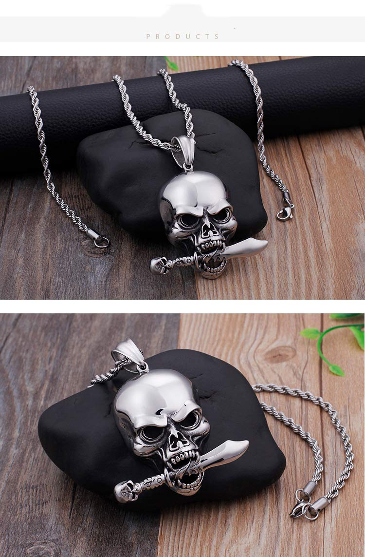 【牙を剥くドクロ】ステンレス製スカル×ソードペンダント｜ユニセックスネックレス