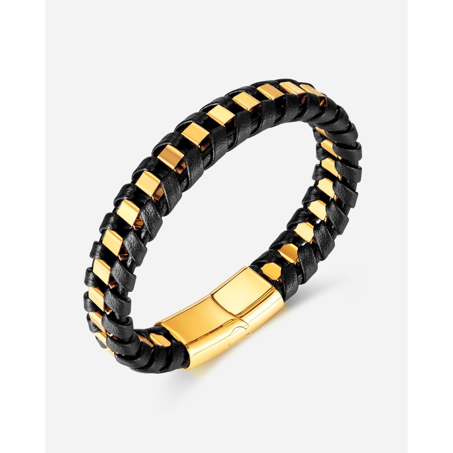 Rockyu メンズ 編み込みレザーブレスレット ステンレス留め具 金属アレルギー対応