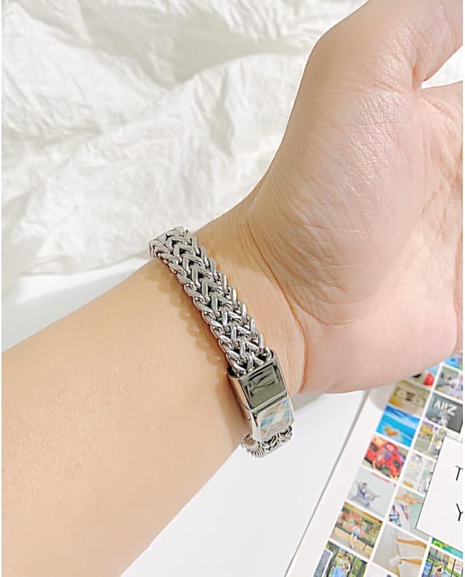 [Rockyu]ブレスレット男性シルバーステンレスチェーンシンプルモダン2連ブレスレット幅広ブレスレット