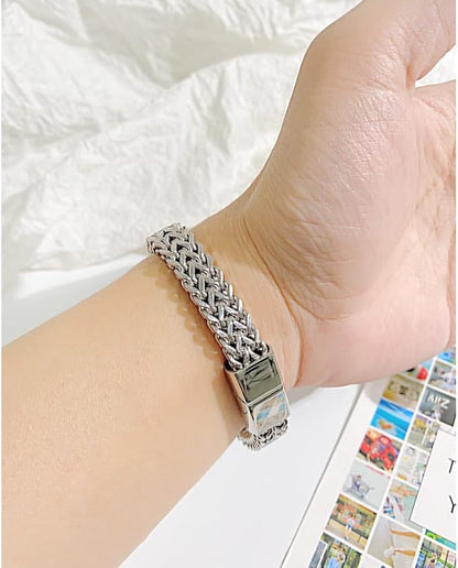 [Rockyu]ブレスレット男性シルバーステンレスチェーンシンプルモダン2連ブレスレット幅広ブレスレット