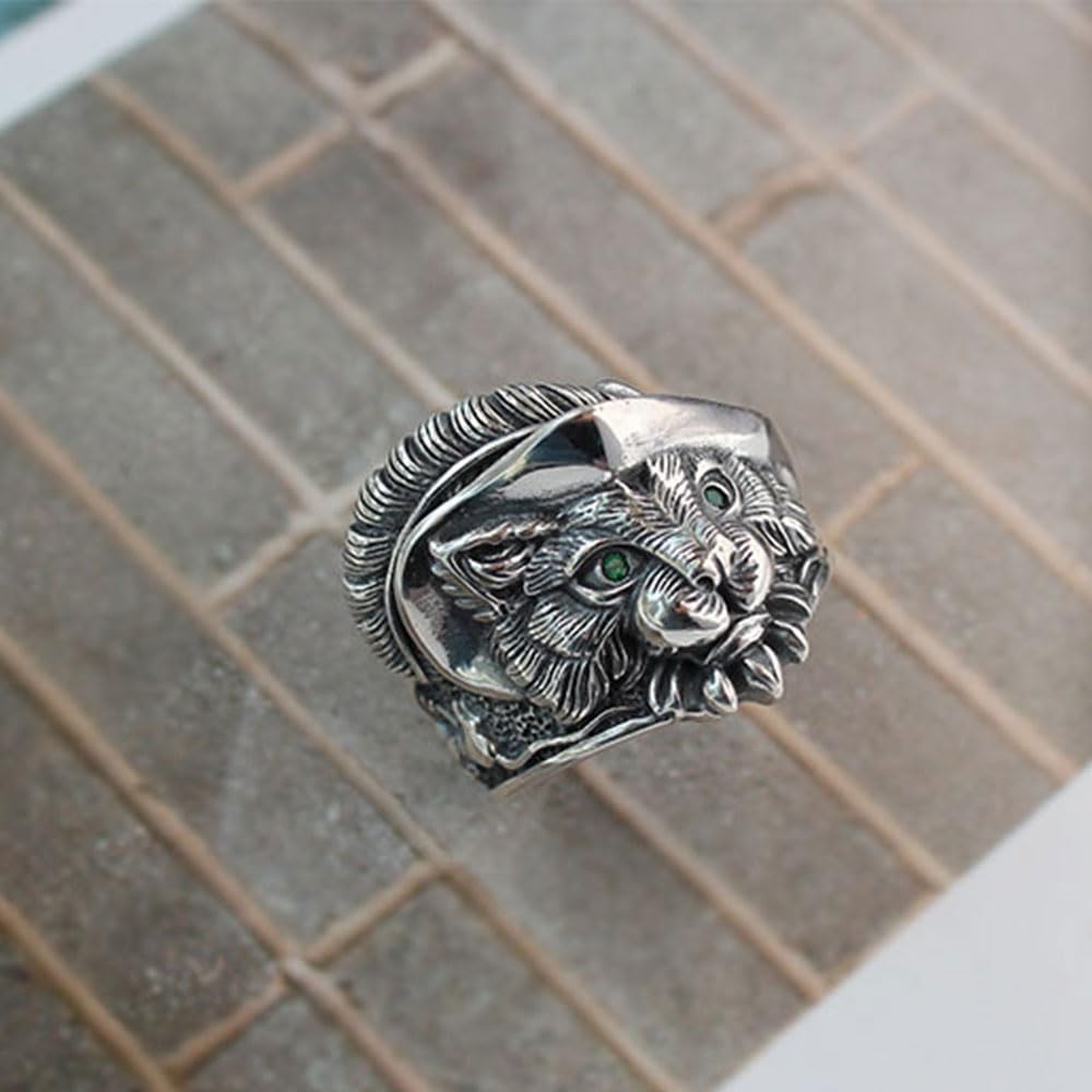 Rockyu シルバー 猫リング グリーンアイ 男女兼用 レトロ ごつめ フリーサイズ