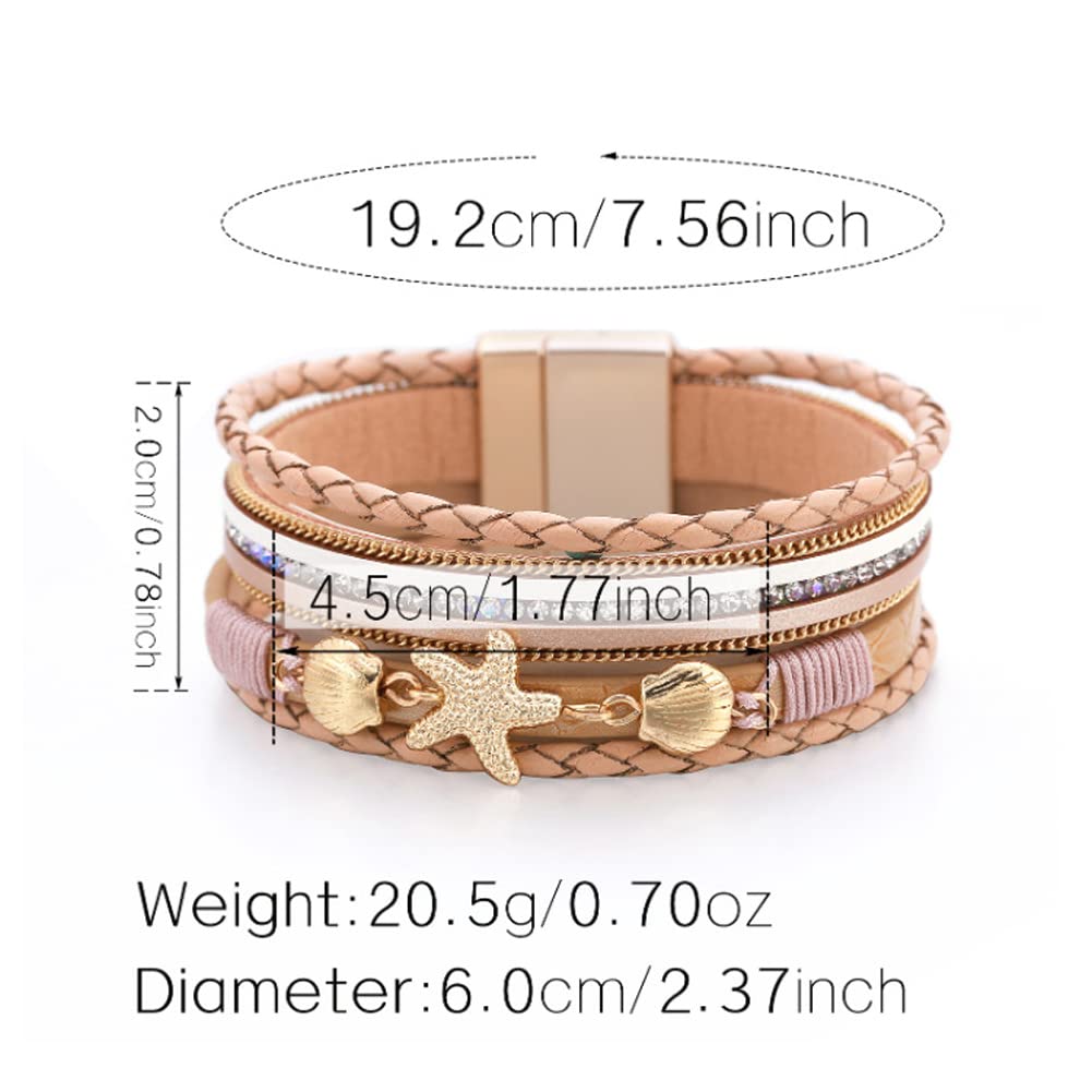 Rockyu ヒトデ＆貝殻モチーフ 多連レザーブレスレット レディース 夏 ハワイアン風