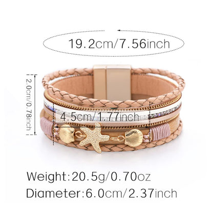 Rockyu ヒトデ＆貝殻モチーフ 多連レザーブレスレット レディース 夏 ハワイアン風