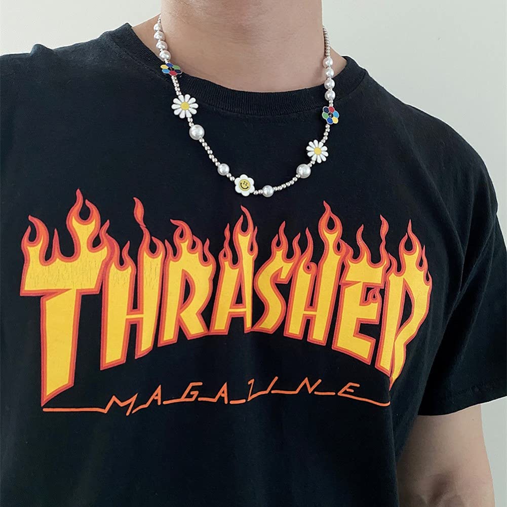 Rockyu ネックレス メンズ ホワイト｜スマイル×パール×花モチーフ 真珠風デザイン チタンチェーン