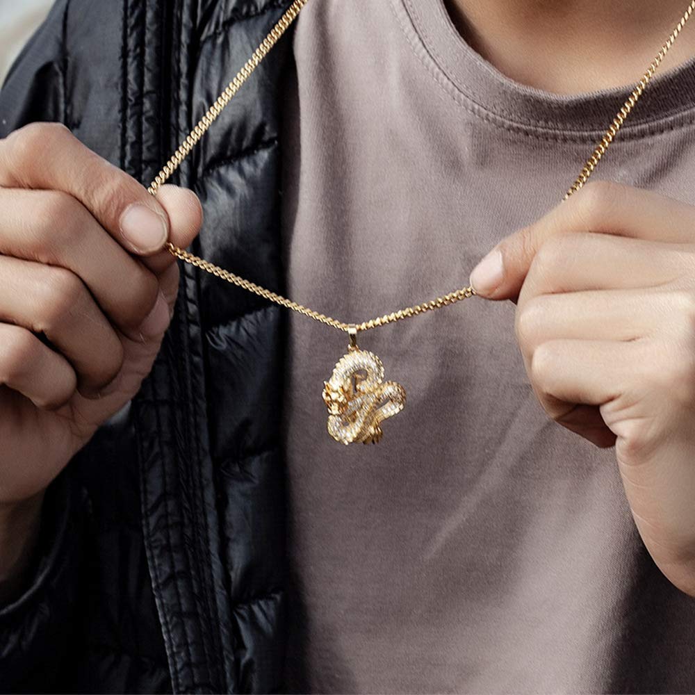 Rockyu ドラゴンネックレス メンズ｜ジルコニア 龍モチーフ ペンダント ゴールド＆シルバー 2色展開