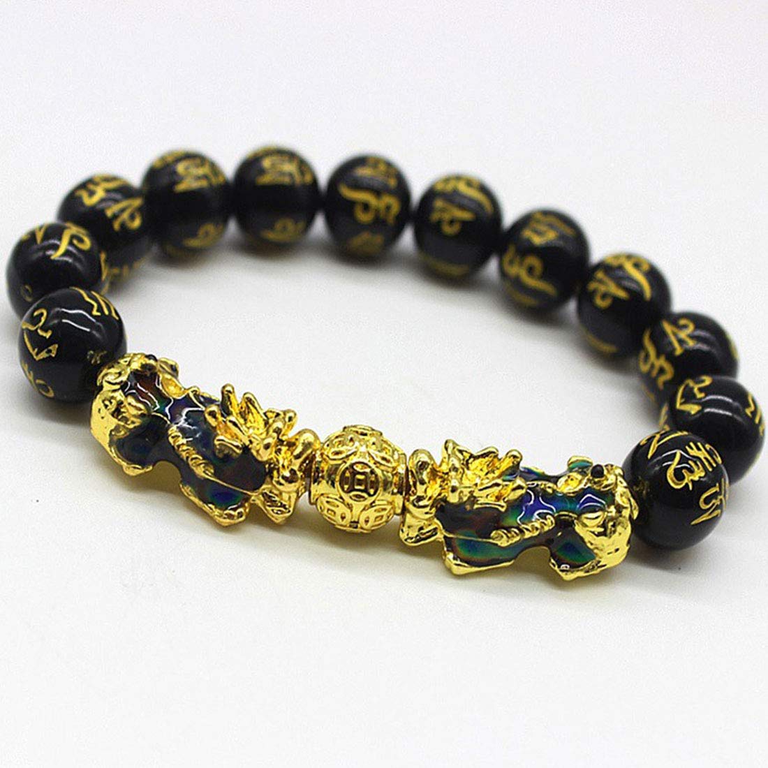[Rockyu] 貔貅 六字真言バングル ブレスレット メンズ 18金メッキ おしゃれ ブラック 黒 数珠ブレスレット 御守 宗教風