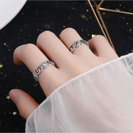 Rockyu 指輪 レディース フリーサイズ シルバー925 アルファベット＆花モチーフ サファイア風ストーン オープンリング