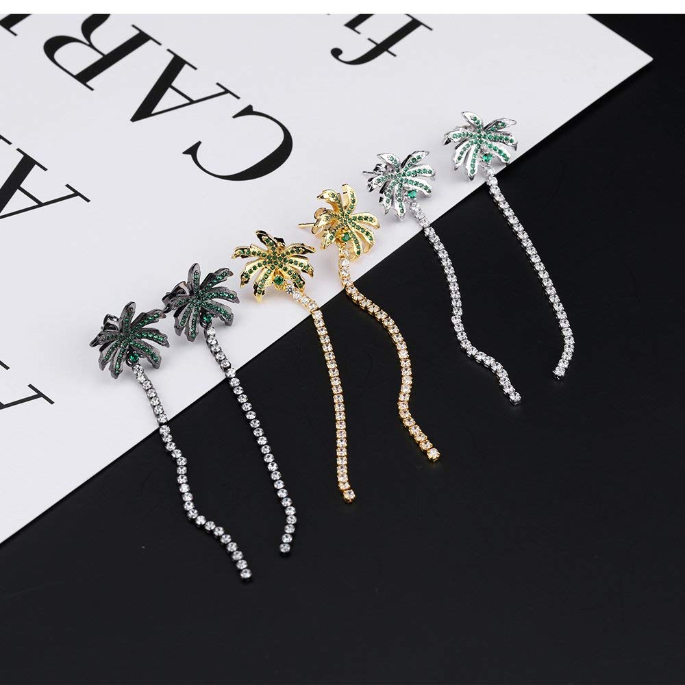 Rockyu ココナッツツリーデザイン チェーンピアス レディース ジルコニア サマーリゾートスタイル