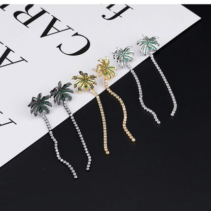 Rockyu ココナッツツリーデザイン チェーンピアス レディース ジルコニア サマーリゾートスタイル