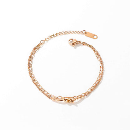 Rockyu ブレスレット レディース 18Kピンクゴールド 結び目モチーフ 2連チェーン