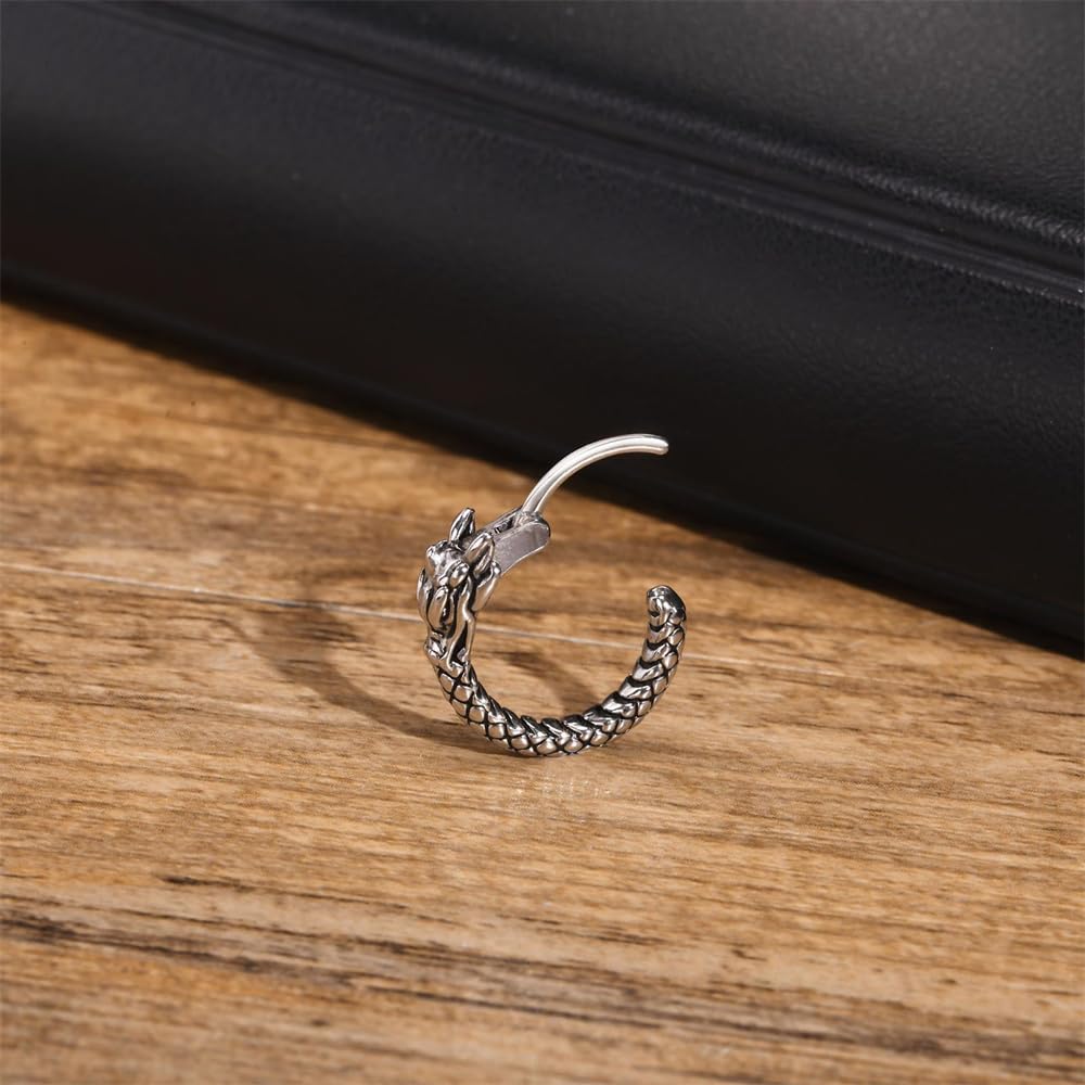 Rockyu ピアス メンズ 竜頭モチーフ フープ ステンレス シルバー 金属アレルギー対応 片耳用