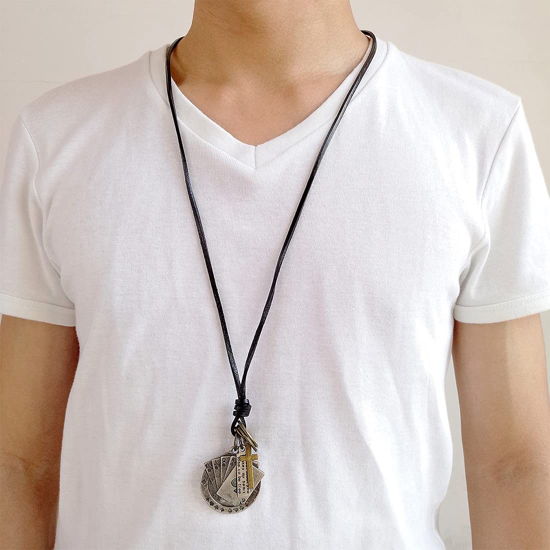 Rockyu ネックレス メンズ レザー 紐 ペンダント 十字架 トランプモチーフ ステンレス ヴィンテージ アクセサリー