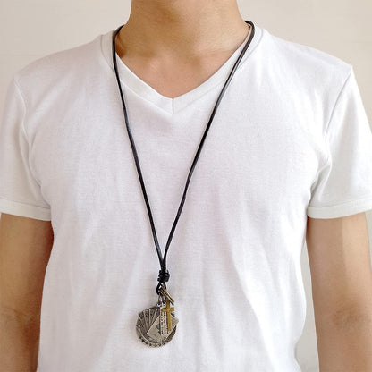 Rockyu ネックレス メンズ レザー 紐 ペンダント 十字架 トランプモチーフ ステンレス ヴィンテージ アクセサリー