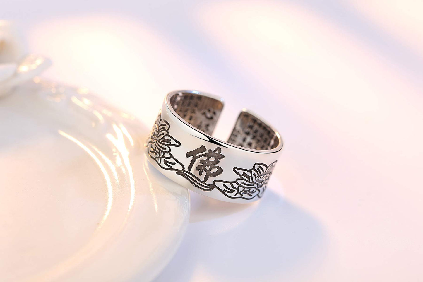 Rockyu 蓮の花×心経刻印リング メンズ フリーサイズ 仏教モチーフ お守り指輪