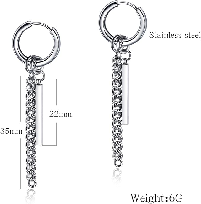 Rockyu チェーンバー ピアス メンズ ステンレス製 片耳 フープ＆2連チェーン 6g 金属アレルギー対応