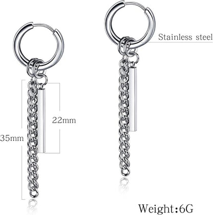 Rockyu チェーンバー ピアス メンズ ステンレス製 片耳 フープ＆2連チェーン 6g 金属アレルギー対応