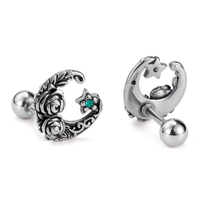 Rockyu ピアス メンズ ステンレス 片耳 三日月モチーフ 花彫刻 キュービックジルコニア アレルギー対応