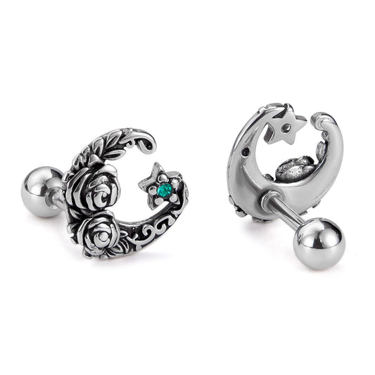 Rockyu ピアス メンズ ステンレス 片耳 三日月モチーフ 花彫刻 キュービックジルコニア アレルギー対応