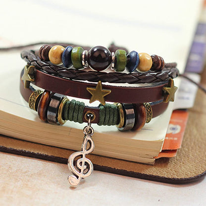 Rockyu ブレスレット メンズ レディース レザー 多連 星モチーフ 音符ペンダント 本革 編み込み ブラウン 数珠風 おしゃれ アクセサリー ギフト