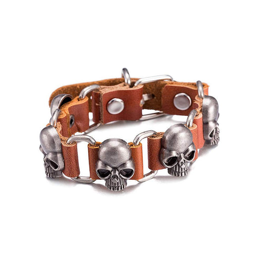 【13連スカルの主張】ドクロレザーブレスレット｜ブラック＆ブラウン パンクバングル