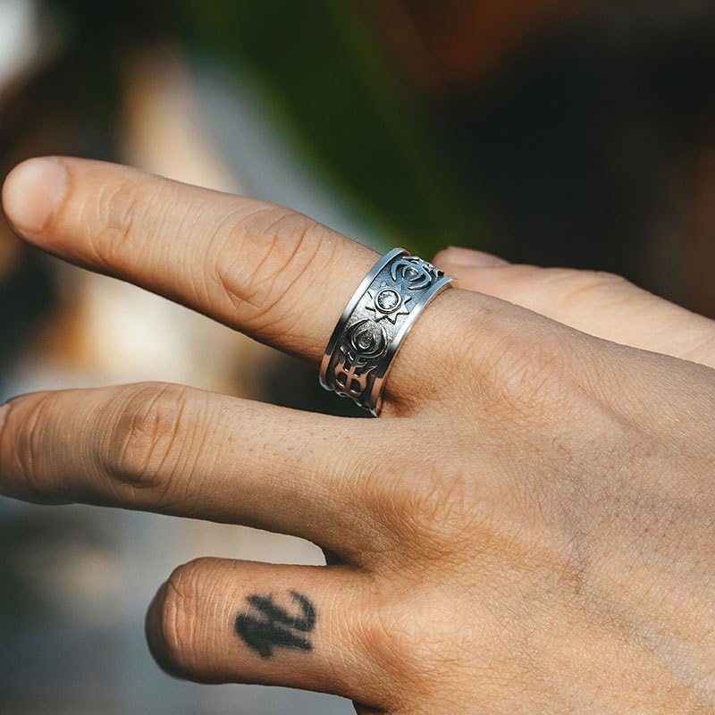 Rockyu シルバー 太陽トーテムリング 幅広 ジルコニア 男女兼用 フリーサイズ