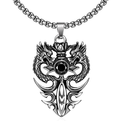 【双龍の守護】ステンレスペンダントネックレス｜ブラック＆レッドストーン メンズアクセ