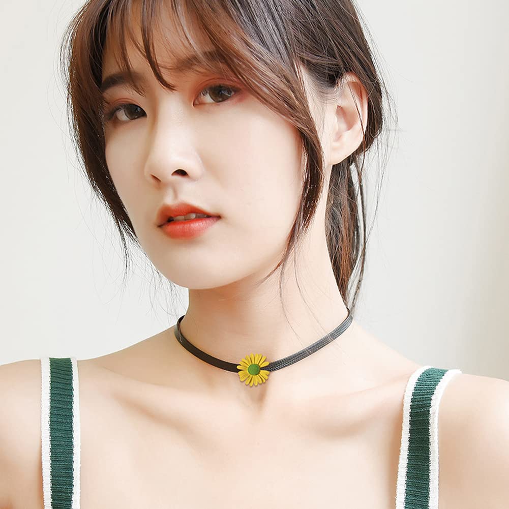 Rockyu チョーカー レディース 黒 レザー フラワー 雛菊 ペンダント 革紐チェーン