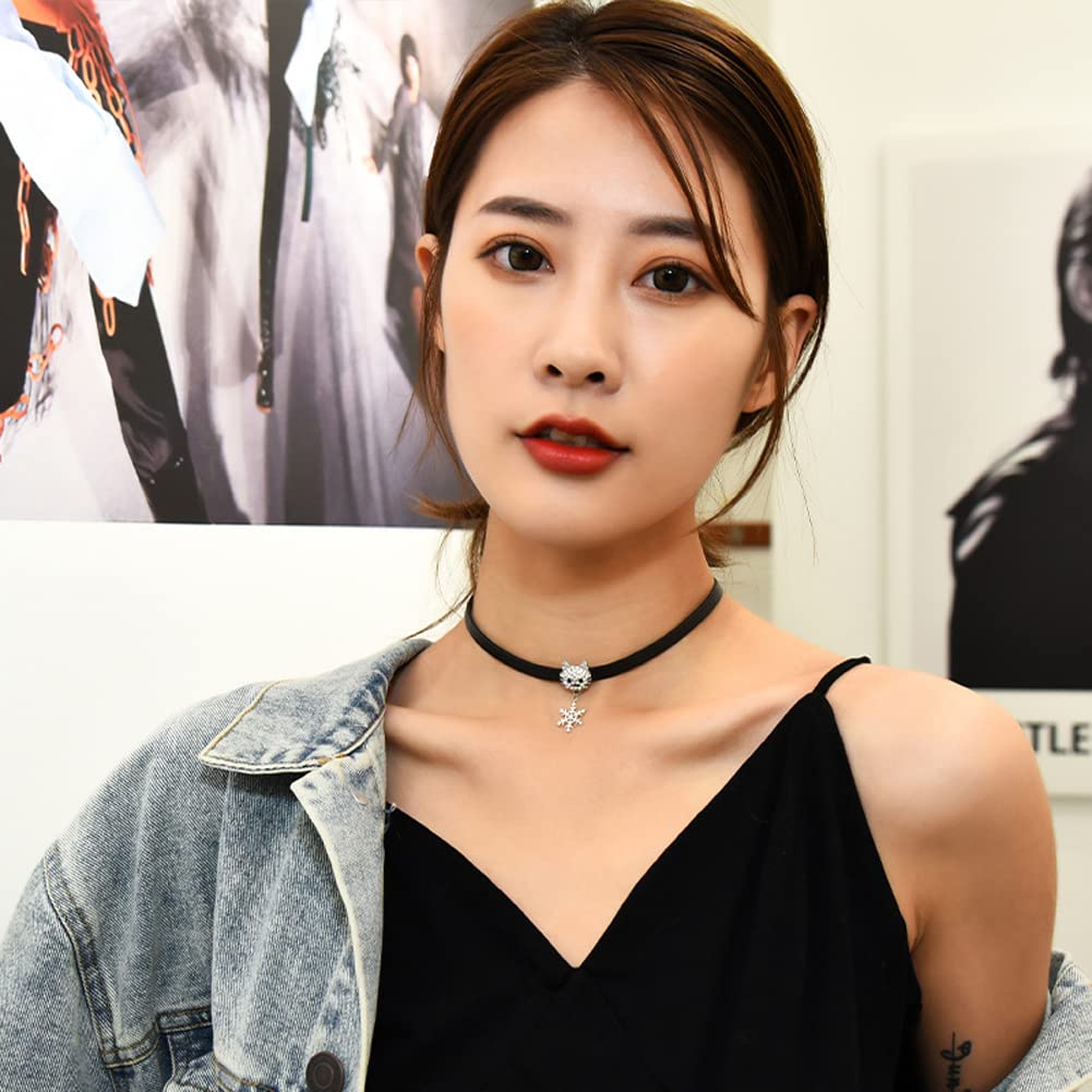 Rockyu チョーカー レディース 黒 レザー 猫 ジルコニア 雪華ペンダント