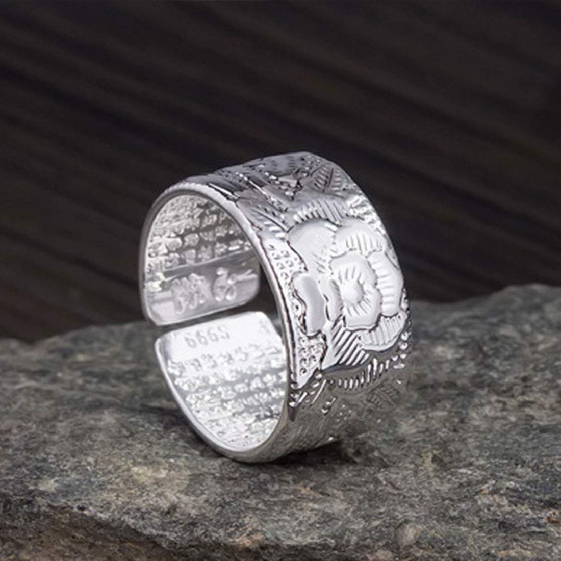 Rockyu 蓮モチーフリング メンズ レディース フリーサイズ 仏教経文刻印 シルバーメッキ