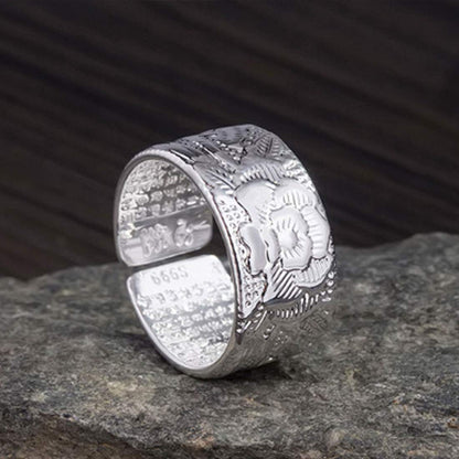 Rockyu 蓮モチーフリング メンズ レディース フリーサイズ 仏教経文刻印 シルバーメッキ