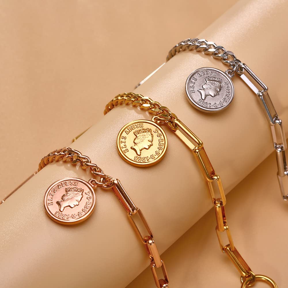 Rockyu ブレスレット レディース ピンクゴールド 18k 女王 エリザベス コインブレスレット おしゃれ ペンダント 十字架風チェーン 誕生日 パーティー プレゼント アクセサリー (ピンクゴールド)