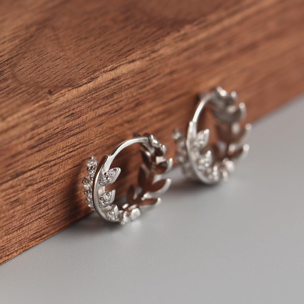 Rockyu ピアス レディース オリーブリーフデザイン フープピアス 18金仕上げ シルバー925 キュービックジルコニア