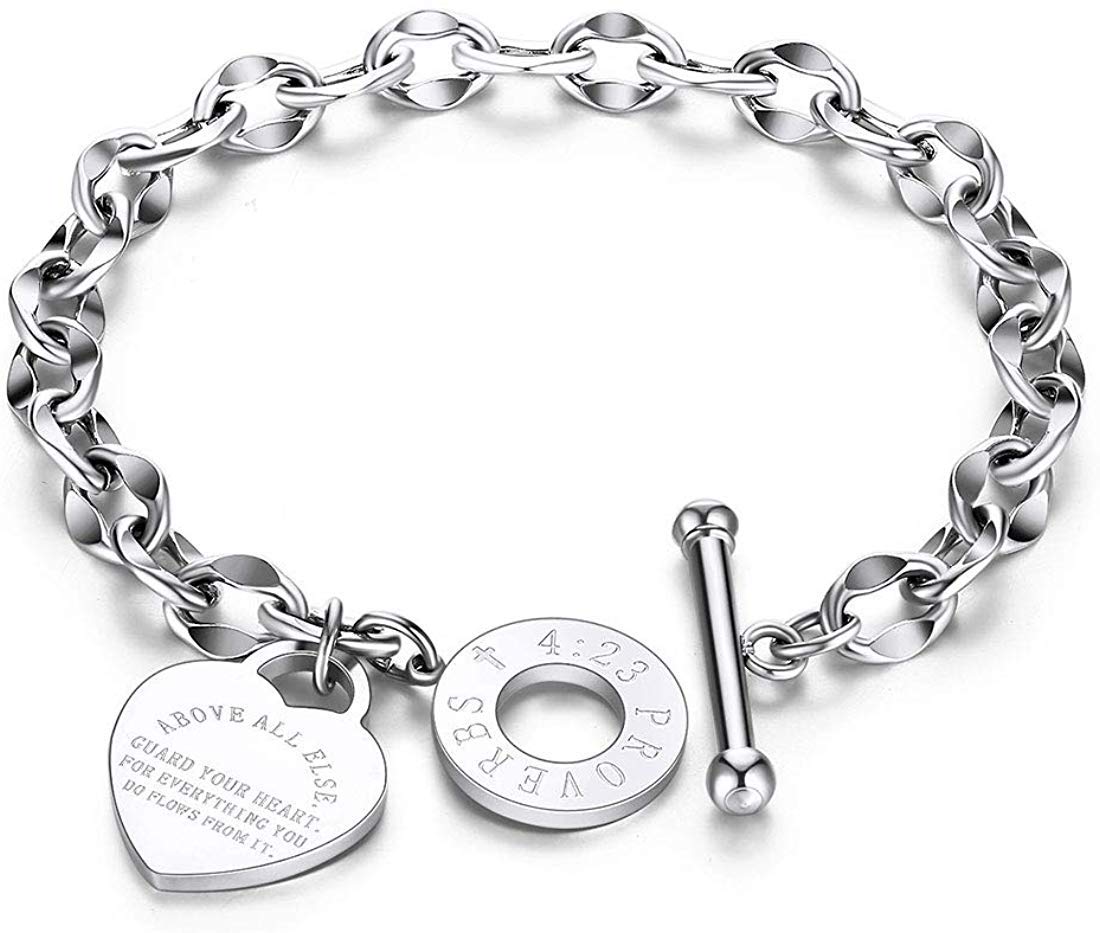 Rockyu ハートチャームブレスレット レディース チタン製 ゴールド＆シルバー OTリング刻印付き