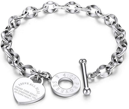 Rockyu ハートチャームブレスレット レディース チタン製 ゴールド＆シルバー OTリング刻印付き