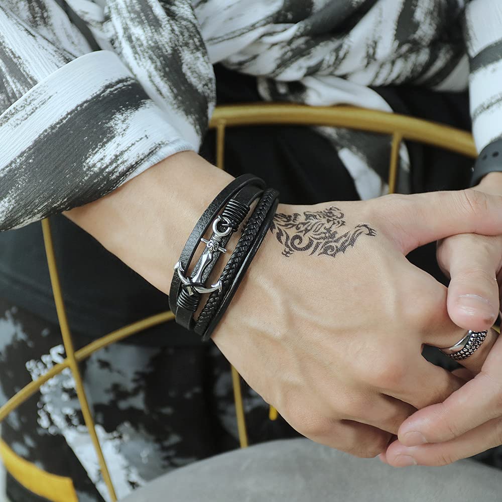 Rockyu メンズ ブレスレット レザー ブラック アンカー 錨 三連チェーン ステンレス製 アクセサリー