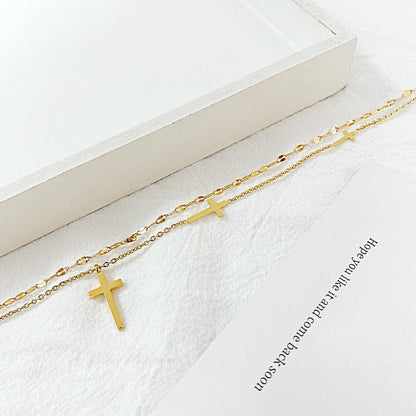 Rockyu クロスネックレス レディース 二連 チタン鋼 ゴールド チョーカースタイル