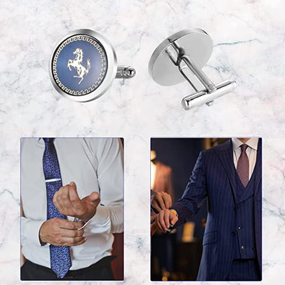 Rockyu メンズ シルバー タイピン＆カフスセット（馬・市松模様）