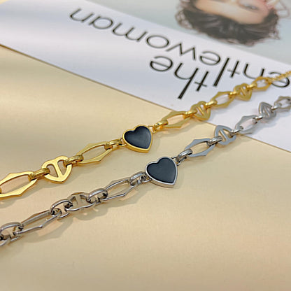 Rockyu ブレスレット レディース ハートチェーン ゴールド＆シルバー ブラックエナメル 金属アレルギー対応